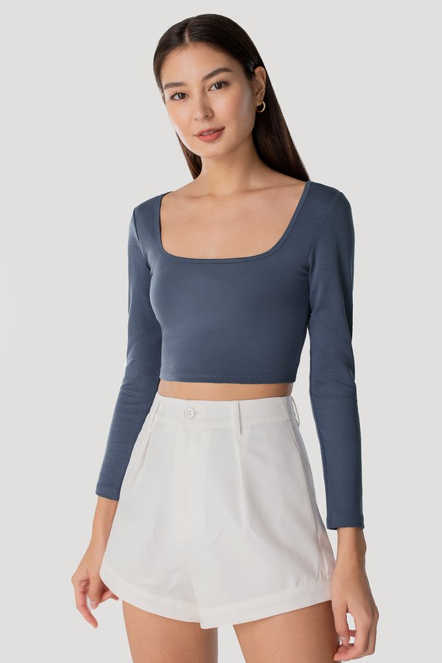 JOELLE SQUARE NECK LONG SLEEVE JERSEY CROP TOP #MADEBYLOVET (HALE BLUE)