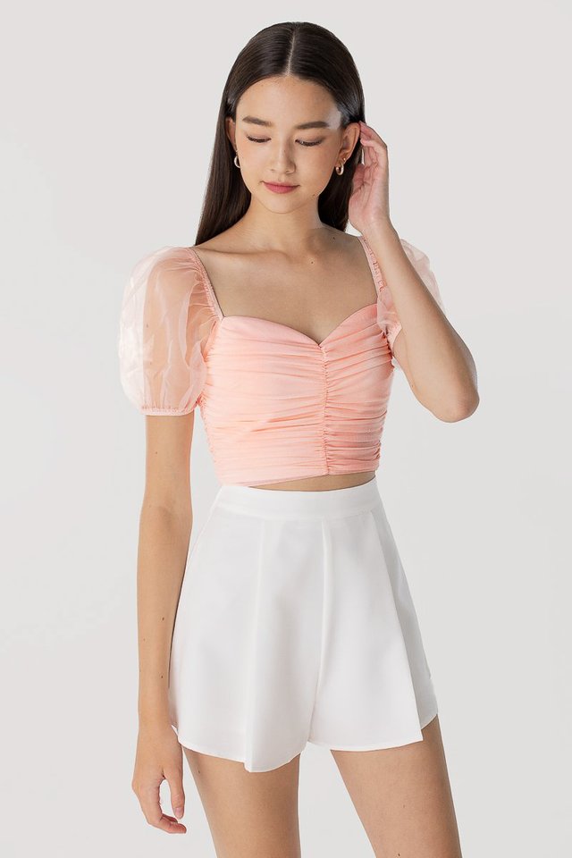 LUCIANA MESH SLEEVE RUCHED TOP (CLOUD PINK)