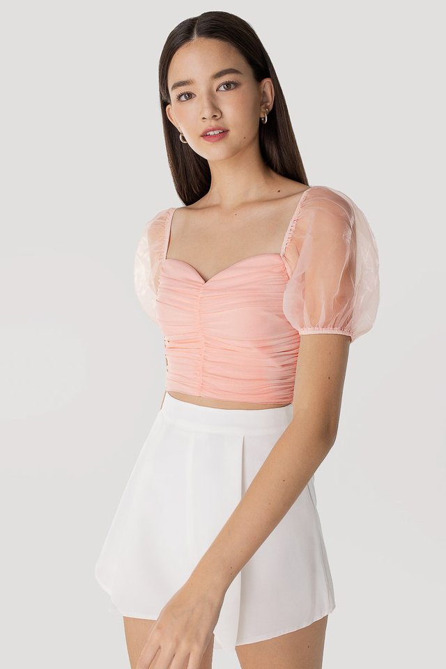 LUCIANA MESH SLEEVE RUCHED TOP (CLOUD PINK)