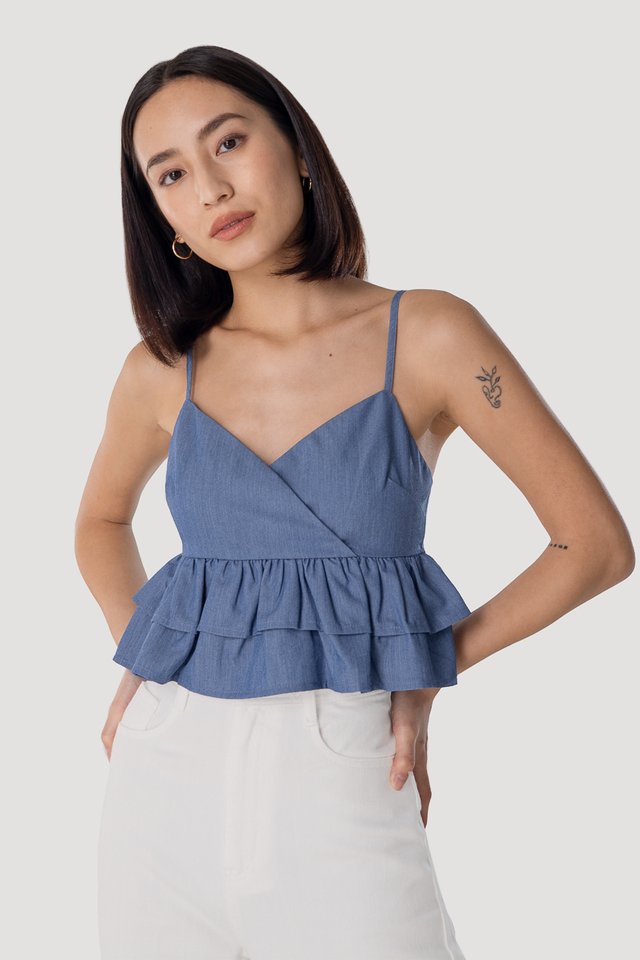 TRIANA WRAP RUFFLES TOP (DENIM BLUE)