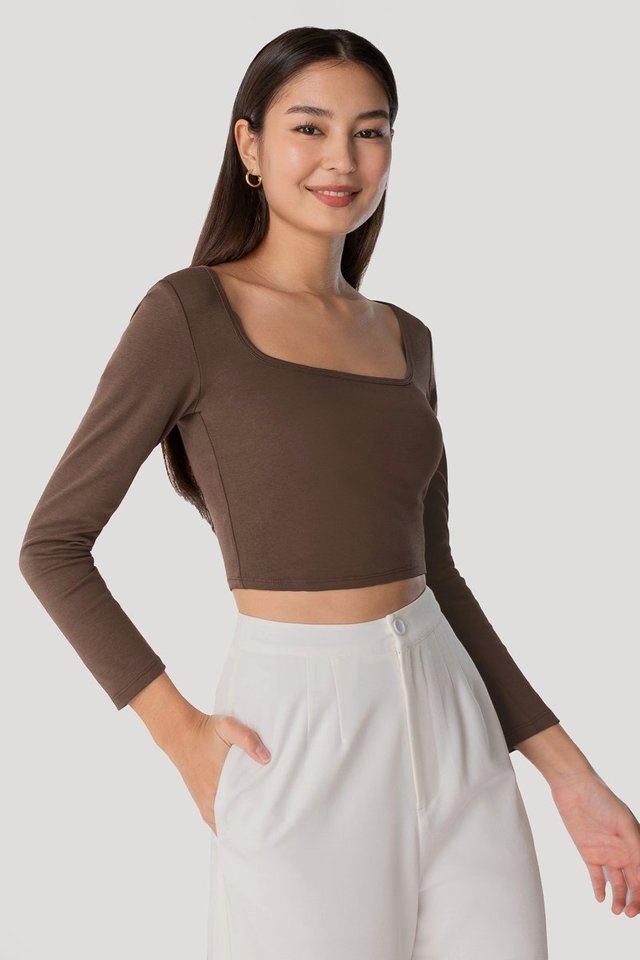 JOELLE SQUARE NECK LONG SLEEVE JERSEY CROP TOP #MADEBYLOVET (PECAN BROWN)