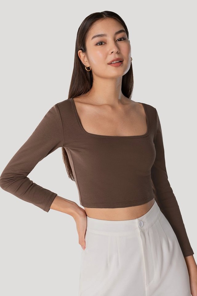 JOELLE SQUARE NECK LONG SLEEVE JERSEY CROP TOP #MADEBYLOVET (PECAN BROWN)