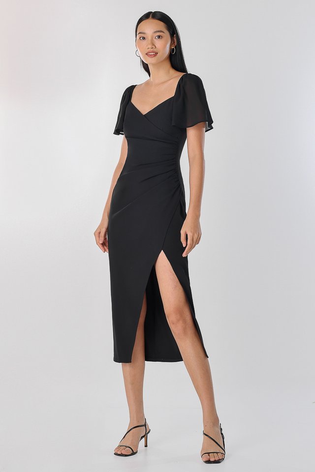 EVE WRAP RUCHED MIDAXI DRESS (BLACK)