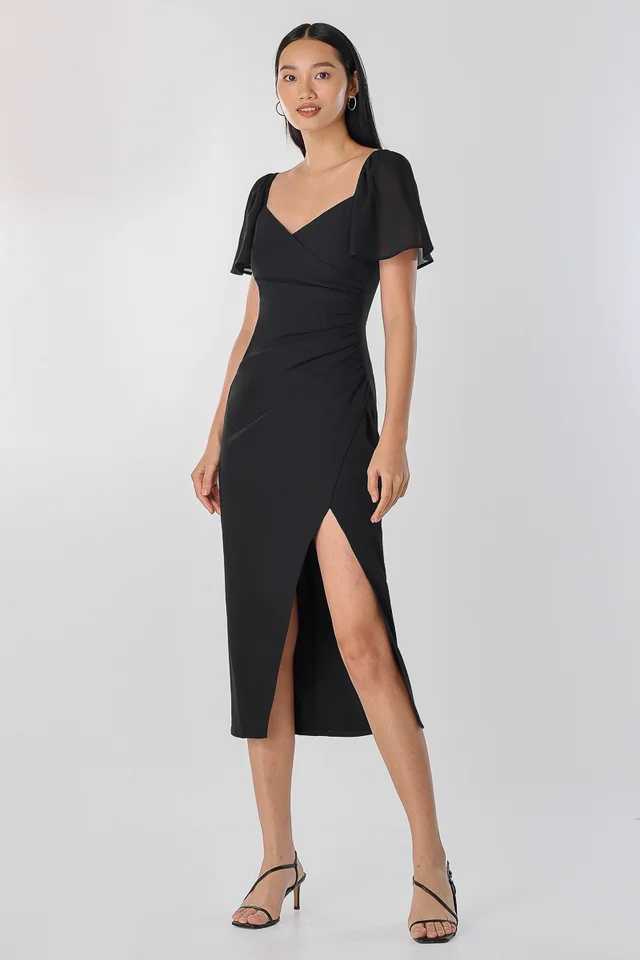 EVE WRAP RUCHED MIDAXI DRESS (BLACK)