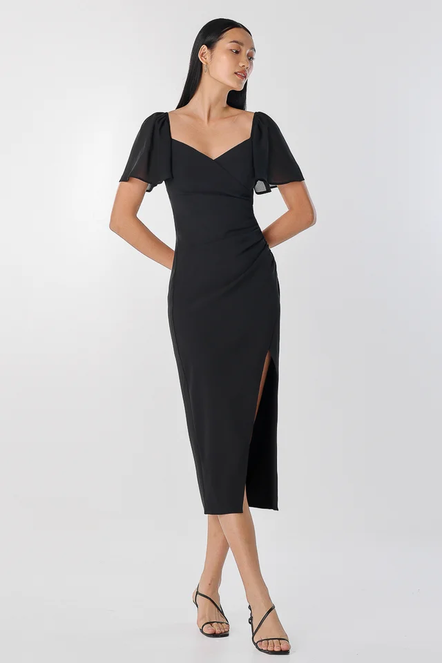 EVE WRAP RUCHED MIDAXI DRESS (BLACK)