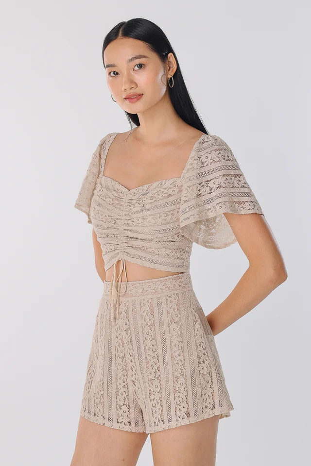 KIMIKO SLANT HEM LACE SHORTS (NUDE)