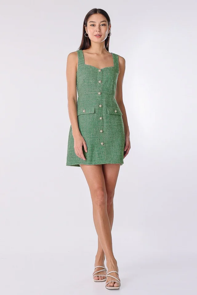 IMANI PEARL BUTTON TWEED DRESS (KELLY GREEN)